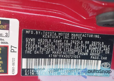 2013 Toyota Camry Xle из США, поврежденный, VIN 4T1BF1FK4DU721051